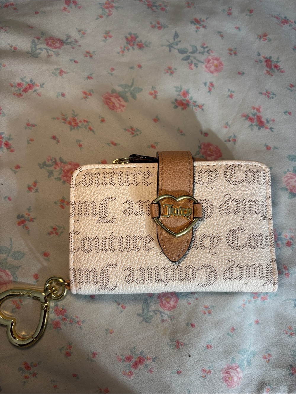 Juicy Couture Cream Canvas Logo Zip Wallet with Tan Trim